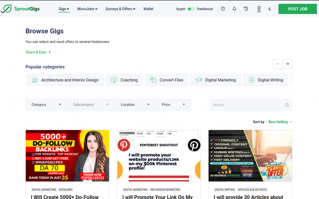 The dashboard where you can browse gigs.